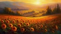 Sunflower field at sunset. Oil painting of a rural landscape. Royalty Free Stock Photo