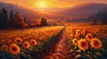 Sunflower field at sunset. Oil painting of a rural landscape. Royalty Free Stock Photo