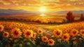 Sunflower field at sunset. Oil painting of a rural landscape. Royalty Free Stock Photo