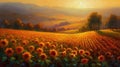 Sunflower field at sunset. Oil painting of a rural landscape. Royalty Free Stock Photo