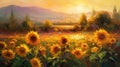 Sunflower field at sunset. Oil painting of a rural landscape. Royalty Free Stock Photo
