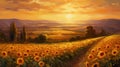 Sunflower field at sunset. Oil painting of a rural landscape. Royalty Free Stock Photo