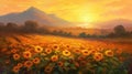 Sunflower field at sunset. Oil painting of a rural landscape. Royalty Free Stock Photo