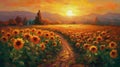 Sunflower field at sunset. Oil painting of a rural landscape. Royalty Free Stock Photo