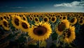 Sunflower field at sunset. Summer landscape with sunflowers.