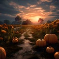 Sunflower field with sunset or sunrise days laid out. Pumpkin as a dish of thanksgiving for the harvest Royalty Free Stock Photo