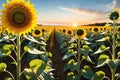 Sunflower Fields Stretching to the Horizon under a Clear Blue Sky, Dominating the Foreground with Golden Petals