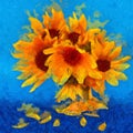 Sunflower flower in small clear glass isolated on blue, digital