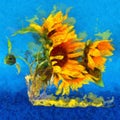 Sunflower flower in small clear glass isolated on blue, digital