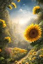 Sunflower flowers background with vivid intense colors illustration. Generative Ai