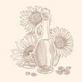 Sunflower flowers and oil bottles, vector illustration sketch. Set of sunflowers and seeds, composition for oil packaging Royalty Free Stock Photo