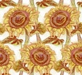 Sunflower flowers with stem and leaves on a white background. Engraved vintage style. Seamless pattern Royalty Free Stock Photo