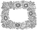 Sunflower frame decor elements. Vector line drawing of sunflowers frame isolated on white for greeting card or print Royalty Free Stock Photo