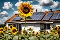 Sunflower in front of a house with solar panels k Royalty Free Stock Photo