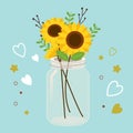 The sunflower in the glass jar.Sunflowers set.The sunflower in flat vector style. Royalty Free Stock Photo