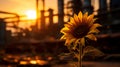 Sunflower grows near the factory. A symbol of ecological restoration