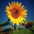 Sunflower. Helianthus Beautiful yellow blooming flower with blue sky. Colorful nature background for summer season. Royalty Free Stock Photo