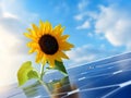 Sunflower leaning over solar panel symbolizing clean renewable power generation, Sunflower Royalty Free Stock Photo