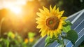 Sunflower leaning over solar panel symbolizing clean renewable power generation, Sunflower Royalty Free Stock Photo