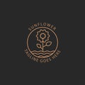 sunflower logo with stem in gold color, vintage logo design with line art icon style