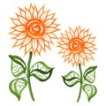 Sunflower marker bright orange flower with leaves hand drawn line stroke Royalty Free Stock Photo