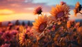 Sunflower meadow, vibrant petals, nature beauty under summer sunset generated by AI Royalty Free Stock Photo
