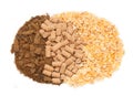 Sunflower meal, maize and bran background. Food for horses