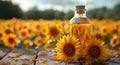 Sunflower oil in a bottle on a background of sunflowers Royalty Free Stock Photo