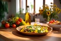 Sunflower oil in bottle with lid, vegetables, salads and sunflowers in vase on wooden table in kitchen flooded with