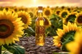 Healthy Sunflower Oil with Sunflowers in the Background - Generative AI Royalty Free Stock Photo