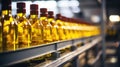 Sunflower oil in the bottles, line for the production and bottling of refined oil from sunflower seeds. Oil bottles on modern