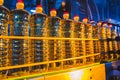 Sunflower oil. Factory line of production and filling of refined oil from sunflower seeds. Factory conveyor of food industry