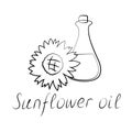 Sunflower oil glass bottle color line icon. Hand-written inscription Royalty Free Stock Photo