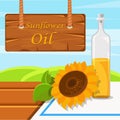 Sunflower oil, glass bottle of food oil on the rustic background vector Illustration design element for banner, poster Royalty Free Stock Photo