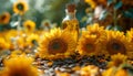 Sunflower oil in glass bottle and fresh sunflowers on field Royalty Free Stock Photo
