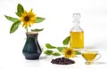 Sunflower oil in a glass decanter and a glass gravy boat, a bunch of sunflower seeds and a sunflower in a vase isolated on a white Royalty Free Stock Photo