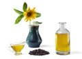 Sunflower oil in a glass gravy boat and in a bottle, bunch of sunflower seeds and a sunflower in a vase. Royalty Free Stock Photo