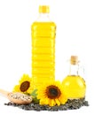 Sunflower oil in plastic bottle, seeds and flower isolated on white background Royalty Free Stock Photo