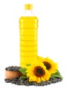 Sunflower oil in plastic bottle, seeds and flower isolated on white background Royalty Free Stock Photo