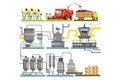 Sunflower oil production process stages, harvesting sunflowers and packing of finished products vector Illustrations