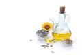 Sunflower oil and sunflower seeds isolated on white background with copyspace Royalty Free Stock Photo