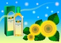Sunflower Oil. Sunflowers and glass bottle of oil, beautiful realistic picture for advertising Royalty Free Stock Photo