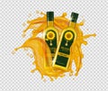 Sunflower oil. Vector realistic oil bottles gold drops and splashes