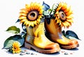 A sunflower placed beside a pair of boots