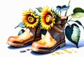 A sunflower placed beside a pair of boots