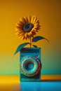 Sunflower and retro radio on colorful background. 3d illustration. Royalty Free Stock Photo