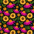 Sunflower seamless pattern. Autumn flowers pattern, watercolor echinacea purpurea print. Fall floral repeat background.