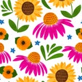 Fall sunflower seamless pattern. Autumn flowers pattern, watercolor echinacea purpurea print. Fall floral repeat