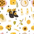 Sunflower seamless pattern with bouquet of flowers, camera, oil paints, brushes, notebook,