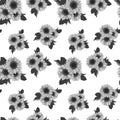 1744 sunflower, seamless pattern, sunflower and leaves in monochrome colors, ornament for wallpaper